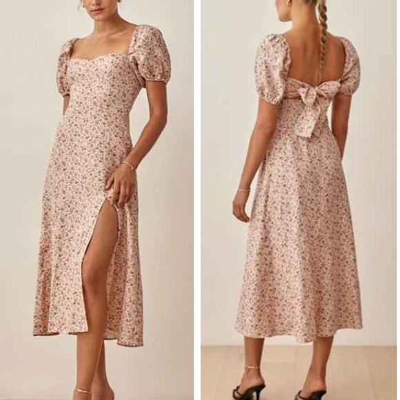 BEST Reformation Denver Linen Midi Dress - Fairy Beige Orange Floral Wedding Par - Picture 1 of 9